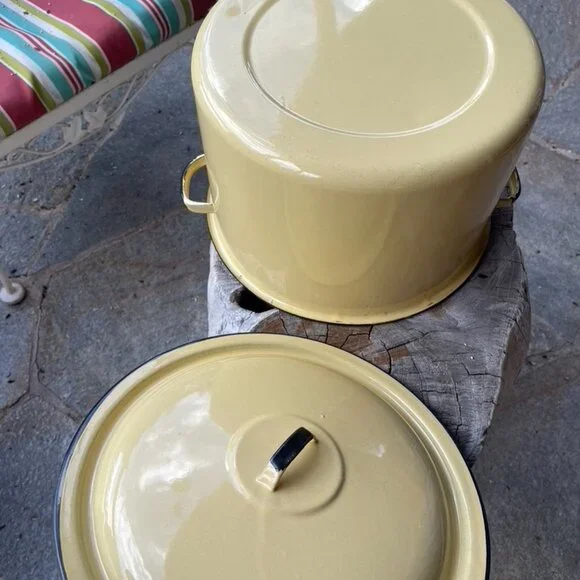 Vtg Enamelware Stock Pot Canning Butter Yellow Porcelain Enamel Lid Large 10 Qt - Picture 4 of 11